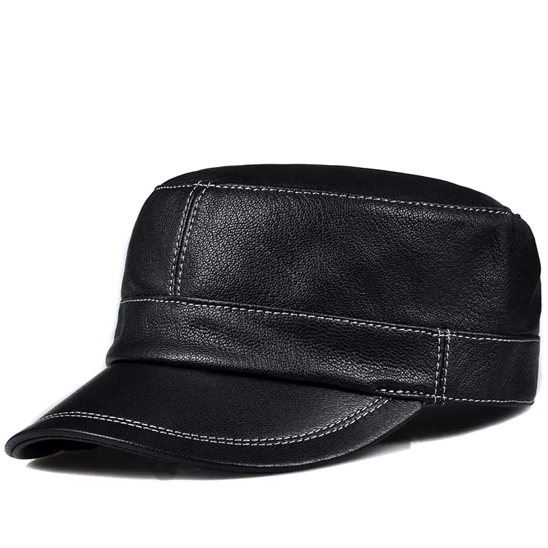 Baseball Cap Structured - Trendy Lambskin Leather Flat Top Hat