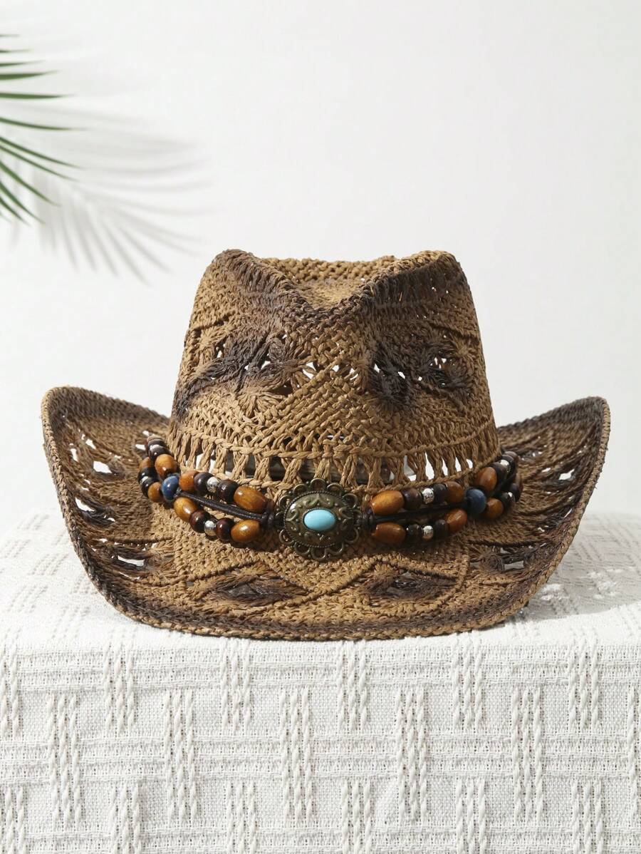 1Pcs Unisex Bead Decor Dyeing  - Cowboy Hat Straw recension och pris