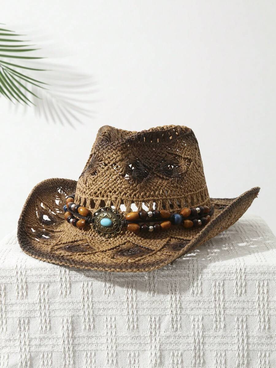 1Pcs Unisex Bead Decor Dyeing  - Cowboy Hat Straw recension och pris