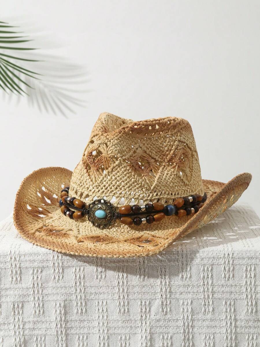 1Pcs Unisex Bead Decor Dyeing  - Cowboy Hat Straw recension och pris